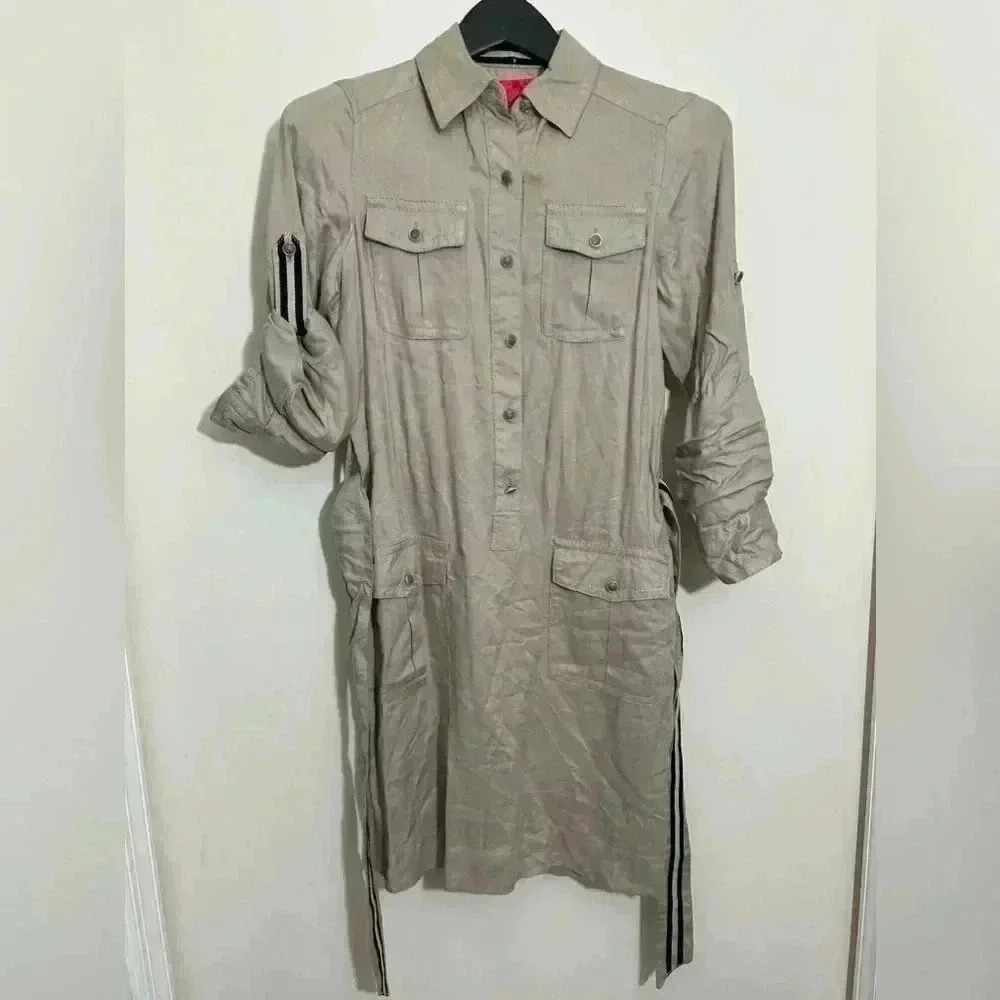 V Cristina Shirt Dress Utility Style Roll Tab Sleeves Belted Pockets Casual S